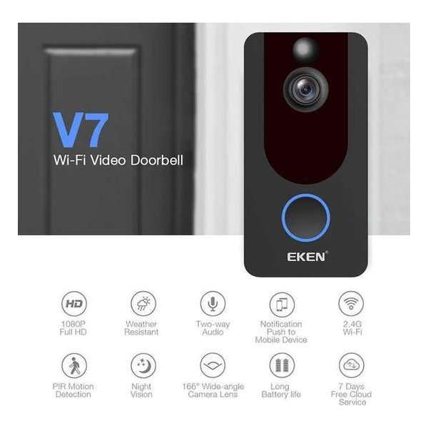 EKEN V7 draadloze video deurbel - zwart EKEN V7 draadloze video deurbel - zwart