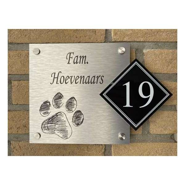 Naambordje voordeur hondenpootje schets rvs look Naambordje voordeur hondenpootje schets rvs look