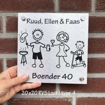 Naambordje Familie - RVS - 20 cm x 20 cm - keuze uit verschillende figuurtjes