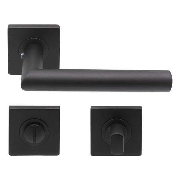 Slotman Solutions Deurklink RVS op vierkante rozet met toilet-/badkamersluiting - Mat zwart - Deurkruk zwart Slotman Solutions Deurklink RVS op vierkante rozet met toilet-/badkamersluiting - Mat zwart - Deurkruk zwart