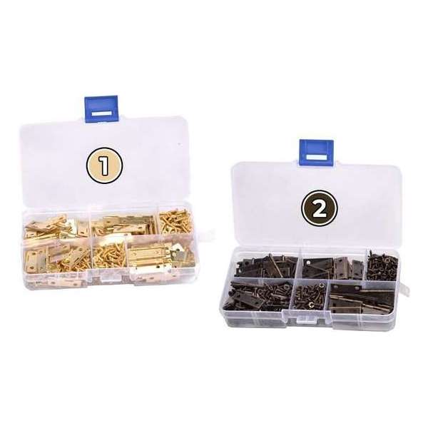 Set van 100 metalen scharnieren (brons, 24x16 mm), geleverd in een plastic doos Set van 100 metalen scharnieren (brons, 24x16 mm), geleverd in een plastic doos