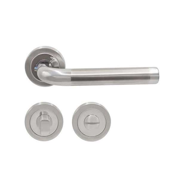 Slotman Solutions Deurklink RVS op rond rozet met toilet-/badkamersluiting - Deurkruk Slotman Solutions Deurklink RVS op rond rozet met toilet-/badkamersluiting - Deurkruk