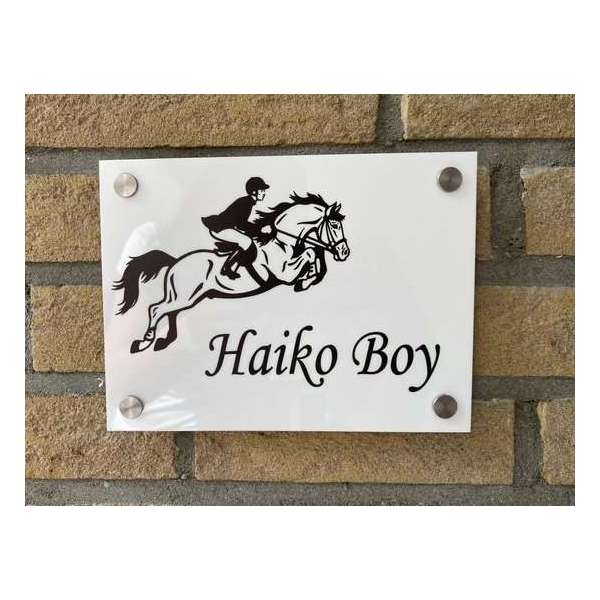Naambordje voordeur springpaard met ruiter wit Naambordje voordeur springpaard met ruiter wit