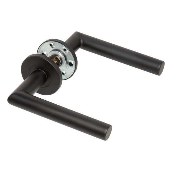 Deurklink Ostium Bobbio - Mat Zwarte deurklink set op ronde rozet - zwart deurbeslag Deurklink Ostium Bobbio - Mat Zwarte deurklink set op ronde rozet - zwart deurbeslag