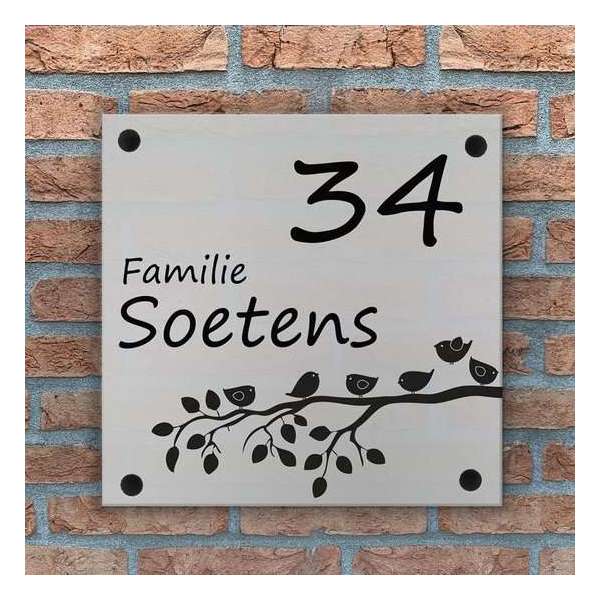 Naambord Opaal acrylglas met tak+vogel - 20x20 cm Naambord Opaal acrylglas met tak+vogel - 20x20 cm