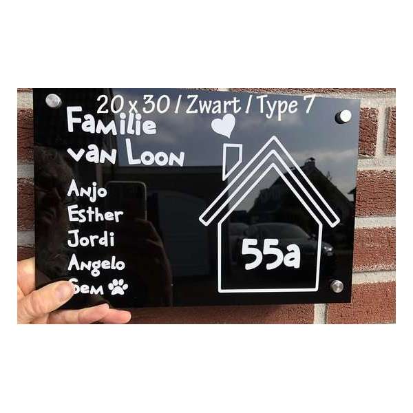 Naambord - zwart plexiglas - 20 cm x 30 cm - witte opdruk - compleet pakket Naambord - zwart plexiglas - 20 cm x 30 cm - witte opdruk - compleet pakket