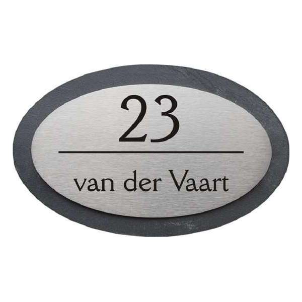 Naambordje voordeur leisteen met rvs ovaal 23x15cm Naambordje voordeur leisteen met rvs ovaal 23x15cm
