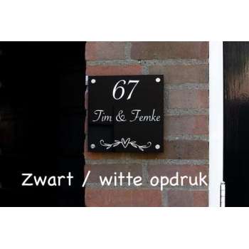 Naambord - zwart plexiglas - 20 cm x 20 cm - compleet pakket - witte opdruk - gepersonaliseerd