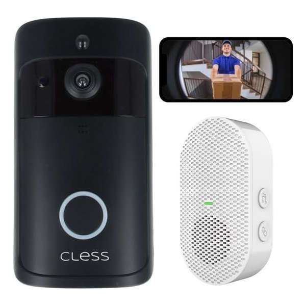 Cless- Deurbel met camera incl. 16GB - inclusief chime - draadloze deurbel - video deurbel - zwart Cless- Deurbel met camera incl. 16GB - inclusief chime - draadloze deurbel - video deurbel - zwart