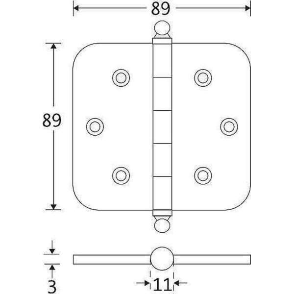 Kogellagerscharnier ronde hoek 89x89mm messing gelakt bol Kogellagerscharnier ronde hoek 89x89mm messing gelakt bol