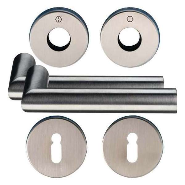 Hoppe deurgarnituur met sleutelrozetten s/g RVS - kruk/kruk - Sertos - E1400/42H/42HKVS/f69 Hoppe deurgarnituur met sleutelrozetten s/g RVS - kruk/kruk - Sertos - E1400/42H/42HKVS/f69