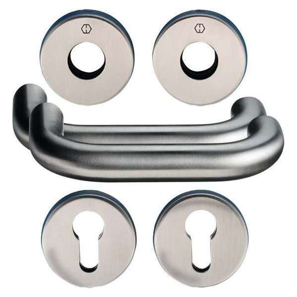 Hoppe deurgarnituur met cilinderrozetten s/g RVS - kruk/kruk - Sertos - E138/42H/42HKVS/f69 Hoppe deurgarnituur met cilinderrozetten s/g RVS - kruk/kruk - Sertos - E138/42H/42HKVS/f69