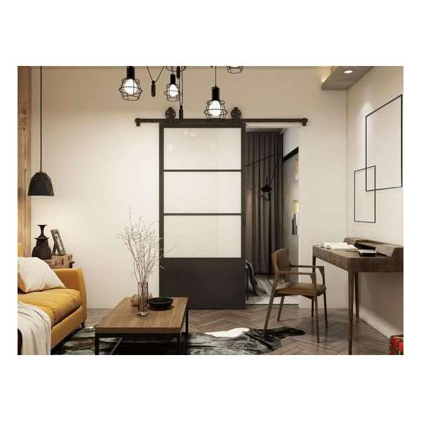 Barnwoodweb Schuifdeur staal en glas 3 vaks kickplate melkglas 100x235 | Inclusief schuifdeursysteem en deurgreep Barnwoodweb Schuifdeur staal en glas 3 vaks kickplate melkglas 100x235 | Inclusief schuifdeursysteem en deurgreep