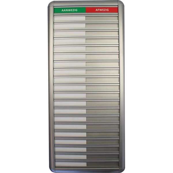 Aluminium Aanwezigheidsbord - Afwezigheidsbord voor 20 personen (incl. bevestigingsmateriaal) Aluminium Aanwezigheidsbord - Afwezigheidsbord voor 20 personen (incl. bevestigingsmateriaal)