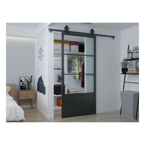 Barnwoodweb Schuifdeur staal en glas 3 vaks kickplate helder glas 100x215 | Inclusief schuifdeursysteem en deurgreep Barnwoodweb Schuifdeur staal en glas 3 vaks kickplate helder glas 100x215 | Inclusief schuifdeursysteem en deurgreep