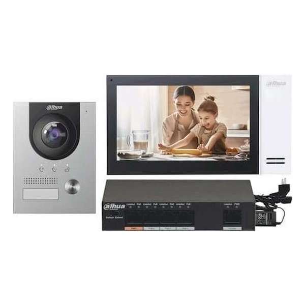 Dahua KTP01(S) complete IP video deurbel intercom kit met VTO2202F-P en VTH2421FW-P inclusief PoE switch en opbouwbehuizing Dahua KTP01(S) complete IP video deurbel intercom kit met VTO2202F-P en VTH2421FW-P inclusief PoE switch en opbouwbehuizing