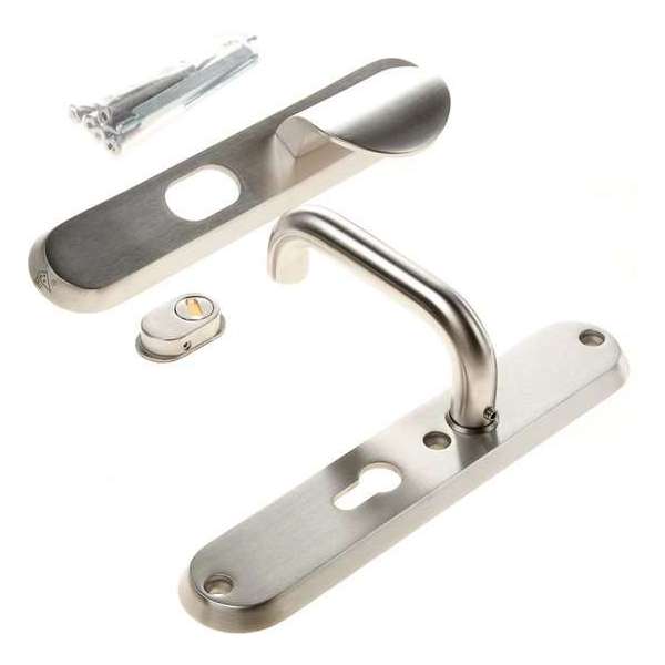 Intersteel Veiligheidsbeslag SKG*** profielcilindergat 55 mm met kerntrekbeveiliging ovaal voordeurbeslag massief rvs geborsteld Intersteel Veiligheidsbeslag SKG*** profielcilindergat 55 mm met kerntrekbeveiliging ovaal voordeurbeslag massief rvs geborsteld