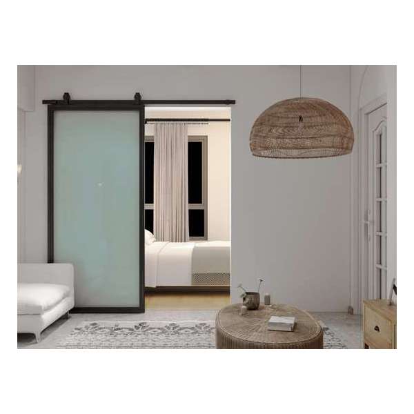 Barnwood Originals - Zwart stalen schuifdeur - 2150 x 1000 mm - 1 glasvlak - complete set Barnwood Originals - Zwart stalen schuifdeur - 2150 x 1000 mm - 1 glasvlak - complete set