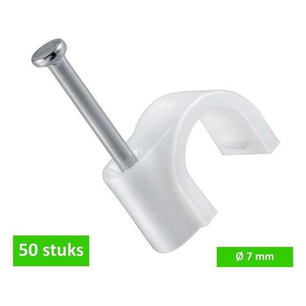 TQ4U kabelclip / spijkerclip rond - voor kabel tot Ø 7 mm - kunststof - met stalen nagel 19 mm - 50 STUKS TQ4U kabelclip / spijkerclip rond - voor kabel tot Ø 7 mm - kunststof - met stalen nagel 19 mm - 50 STUKS