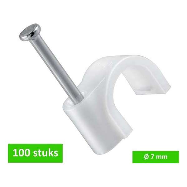 TQ4U kabelclip / spijkerclip rond - voor kabel tot Ø 7 mm - kunststof - met stalen nagel 19 mm - 100 STUKS TQ4U kabelclip / spijkerclip rond - voor kabel tot Ø 7 mm - kunststof - met stalen nagel 19 mm - 100 STUKS
