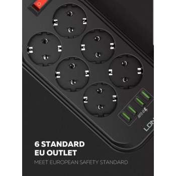 Stekkerdoos - Contactloos - Aan/Uit schakelaar - 4 USB ingangen - 2M snoer - Zwart