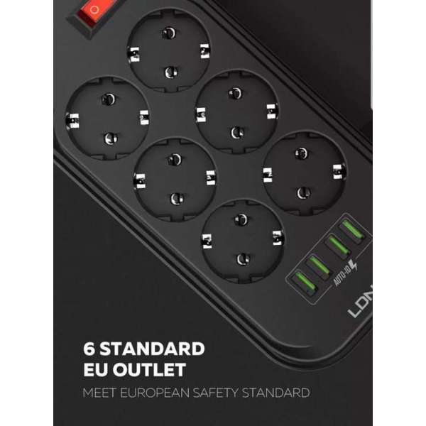 Stekkerdoos - Contactloos - Aan/Uit schakelaar - 4 USB ingangen - 2M snoer - Zwart