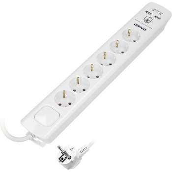 Design stekkerdoos in het wit - 3 meter kabel - 6 schuko uitgangen en 2 USB-Poorten 2.1A - Type 3 SPD overspanningsbeveiliging