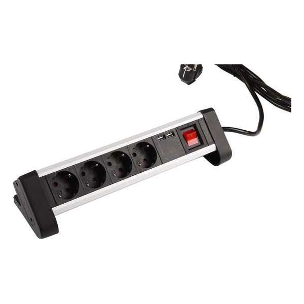 Exin stekkerdoos - 4-voudig - voor bureau - 2 x USB - randaarde - 3500W - 3 x 1.5 mm² - 1.5 m - alu-look zwart Exin stekkerdoos - 4-voudig - voor bureau - 2 x USB - randaarde - 3500W - 3 x 1.5 mm² - 1.5 m - alu-look zwart