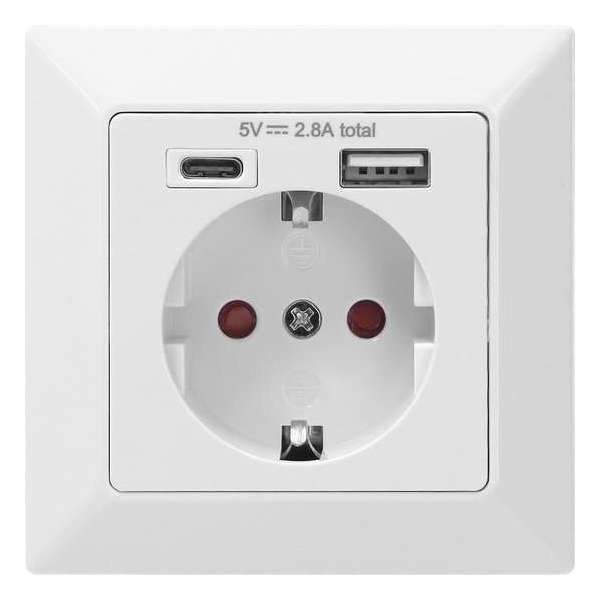 Wandcontactdoos - 1x CEE 7/3 - 1x USB-A - 1x USB-C - Wit Wandcontactdoos - 1x CEE 7/3 - 1x USB-A - 1x USB-C - Wit