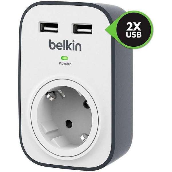 Belkin SurgeCube-spanningsbeveiliger met 1 stopcontact en 2 USB poorten Belkin SurgeCube-spanningsbeveiliger met 1 stopcontact en 2 USB poorten