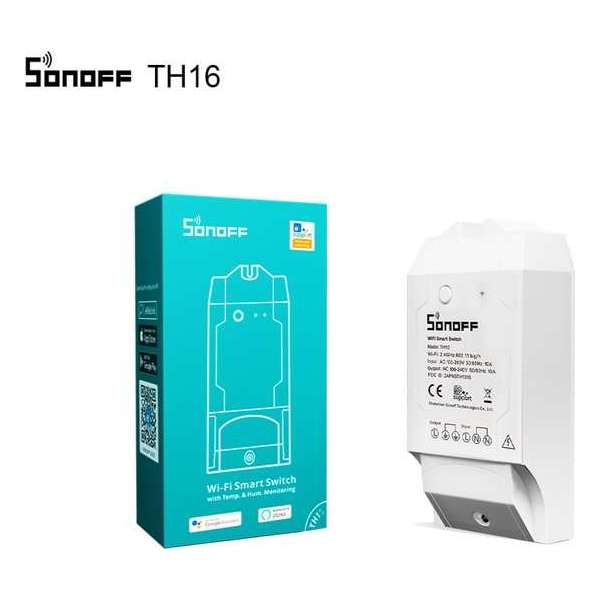 Sonoff - TH16 WiFi Smart Schakelaar met Temperatuur en Vochtigheid monitor - 15A - Werkt met Google Assistant, Nest & Alexa Sonoff - TH16 WiFi Smart Schakelaar met Temperatuur en Vochtigheid monitor - 15A - Werkt met Google Assistant, Nest & Alexa