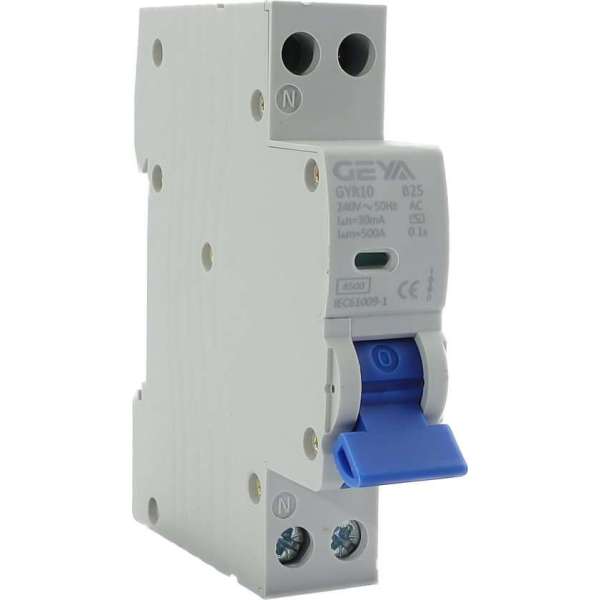 Aardlekautomaat B 16A 1 polig + nul 30mA 18mm 1 module - 4.5KA Alamat - GEYA Aardlekautomaat B 16A 1 polig + nul 30mA 18mm 1 module - 4.5KA Alamat - GEYA
