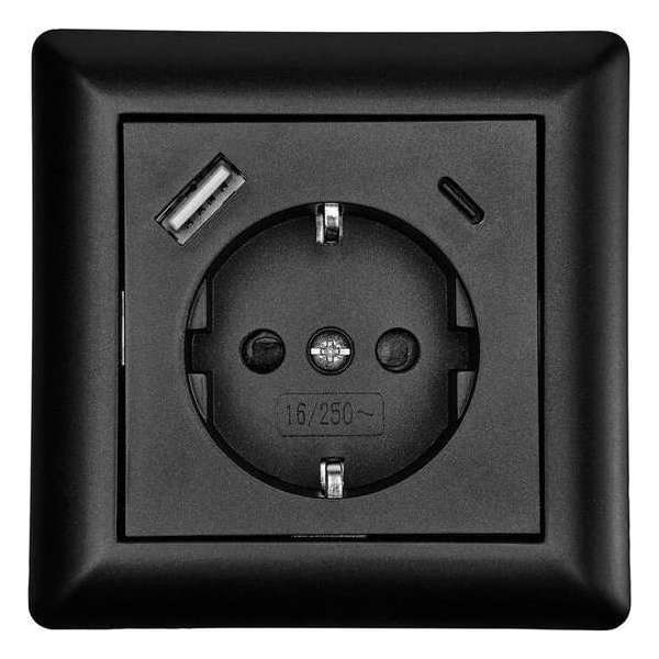 Inbouw contactdoos zwart met 1x USB-A & 1x USB-C Inbouw contactdoos zwart met 1x USB-A & 1x USB-C