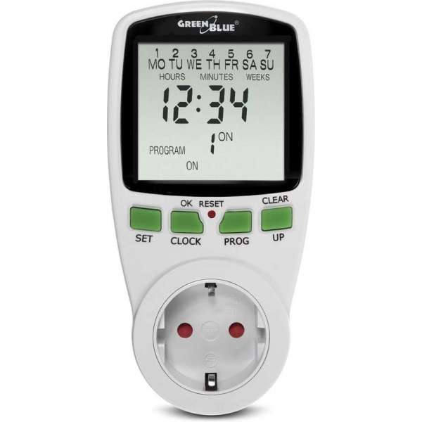 Digitale Tijdschakelaar Tijdschakelklok 16 Programma's met LCD Display GreenBlue type stekker voor inwoners van NL