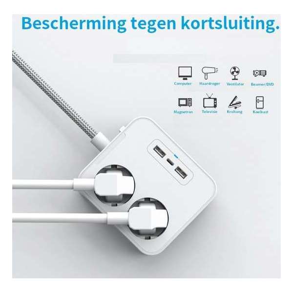 2x USB en 1x USB-C Tweevoudige Stekkerdoos - Met randaarde - Verlengsnoer - Verlengkabel - 4-voudig - 1.6 meter - Zwart 2x USB en 1x USB-C Tweevoudige Stekkerdoos - Met randaarde - Verlengsnoer - Verlengkabel - 4-voudig - 1.6 meter - Zwart