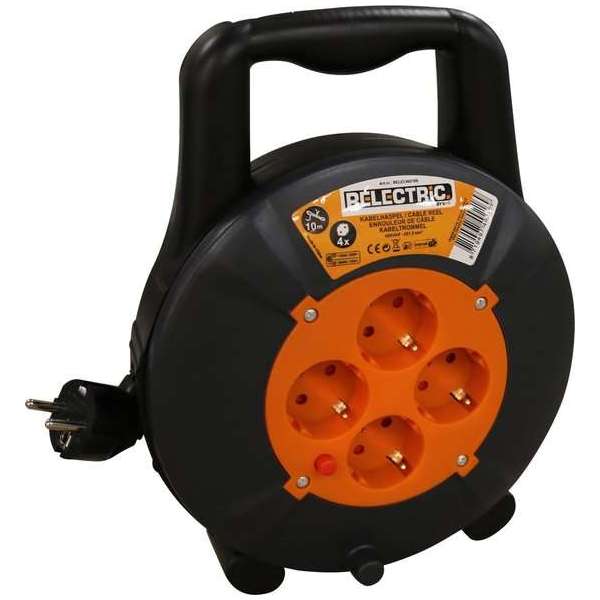 Relectric Kabelhaspel – 10 – 4 stopcontacten – Met oprolknop - Randaarde - RELEC492169 Relectric Kabelhaspel – 10 – 4 stopcontacten – Met oprolknop - Randaarde - RELEC492169