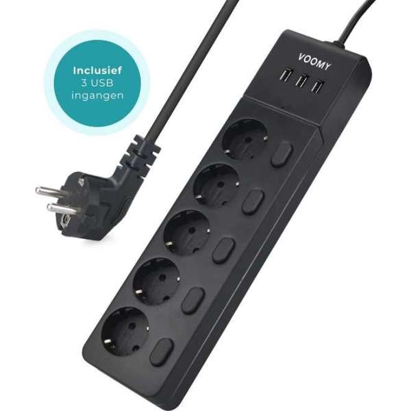 Voomy Stekkerdoos 5-voudig - 3 USB Poorten - Zwart Voomy Stekkerdoos 5-voudig - 3 USB Poorten - Zwart
