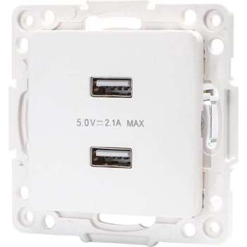 Wandcontactdoos - Aigi Jura - Inbouw - Vierkant - Kunststof - 2-voudig USB Aansluiting - Wit - BES LED
