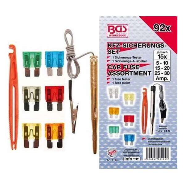 Assortiment Auto Zekeringen - Steekzekeringen - Standaard - Inc. Zekeringtester en Zekeringtrekker - 92 Delig - BGS8124 Assortiment Auto Zekeringen - Steekzekeringen - Standaard - Inc. Zekeringtester en Zekeringtrekker - 92 Delig - BGS8124