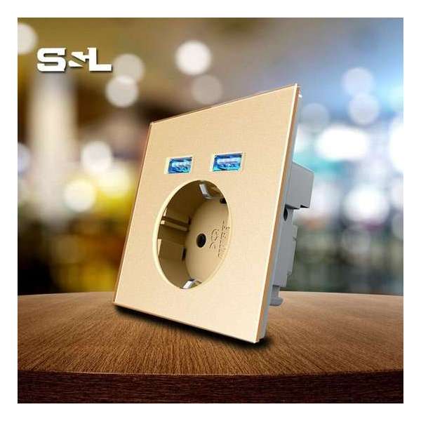 S&L inbouw stekkerdoos met dubbel usb inbouw stopcontact met led wandcontactdoos met licht gehard glas kleur goud S&L inbouw stekkerdoos met dubbel usb inbouw stopcontact met led wandcontactdoos met licht gehard glas kleur goud