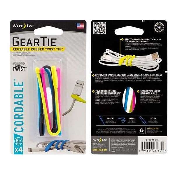 Nite Ize Gear Tie Cordable 6" - 4 Stuks Mix kleuren - Herbruikbare kabelbinder Nite Ize Gear Tie Cordable 6" - 4 Stuks Mix kleuren - Herbruikbare kabelbinder