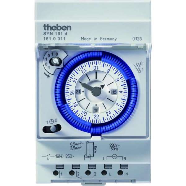 Theben 1610011 SYN 161d - analoge schakelklok met synchrone motor en dagprogramma, schakelklok Theben 1610011 SYN 161d - analoge schakelklok met synchrone motor en dagprogramma, schakelklok
