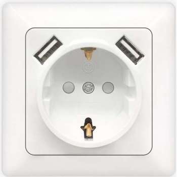 Wandcontactdoos - Igan Cika - Inbouw - 1-voudig Stopcontact - 2-voudig USB Aansluiting - Randaarde - Incl. Afdekraam - Wit