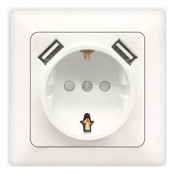 Wandcontactdoos - Igan Cika - Inbouw - 1-voudig Stopcontact - 2-voudig USB Aansluiting - Randaarde - Incl. Afdekraam - Wit Wandcontactdoos - Igan Cika - Inbouw - 1-voudig Stopcontact - 2-voudig USB Aansluiting - Randaarde - Incl. Afdekraam - Wit