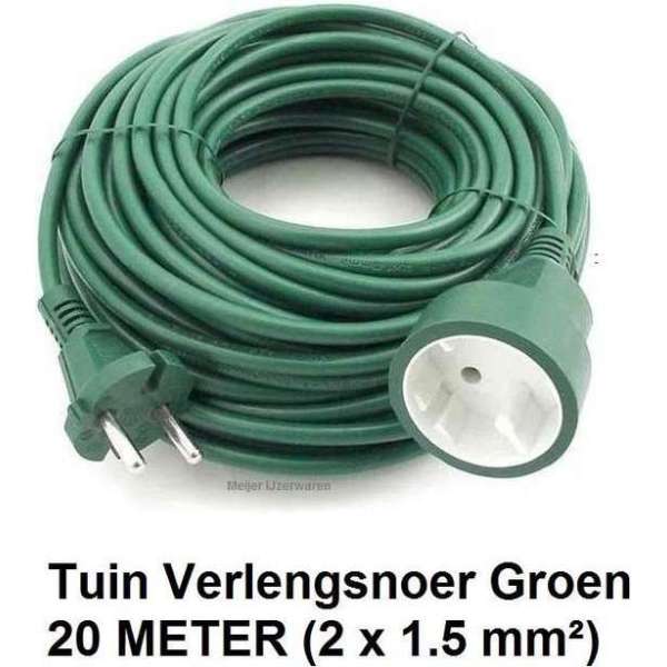 TUIN VERLENGSNOER / VERLENGKABEL - 20 METER - GROEN - 2 X 1.5 mm² - 2500 W TUIN VERLENGSNOER / VERLENGKABEL - 20 METER - GROEN - 2 X 1.5 mm² - 2500 W