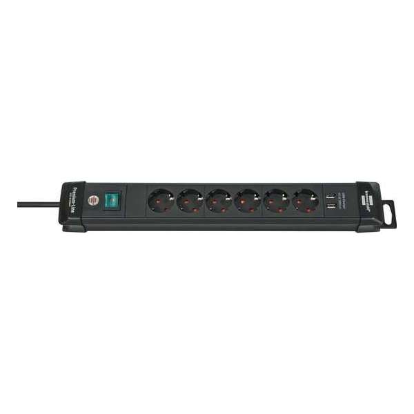 Brennenstuhl Premium-Line stekkerdoos met 6 contacten, 2x USB / zwart - 3 meter