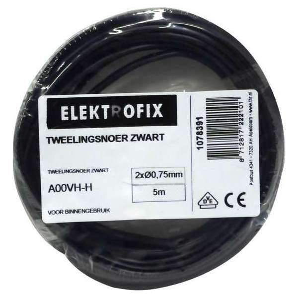 5 meter Elektrofix tweelingsnoer zwart, 2 x 0.75mm 5 meter Elektrofix tweelingsnoer zwart, 2 x 0.75mm