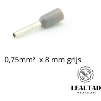 Adereindhuls 0,75 mm² x 8 mm grijs 100 stuks | Ferrule | Draadhuls | Adereindhulzen | Eindverbinder