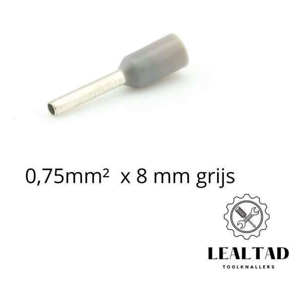 Adereindhuls 0,75 mm² x 8 mm grijs 100 stuks | Ferrule | Draadhuls | Adereindhulzen | Eindverbinder Adereindhuls 0,75 mm² x 8 mm grijs 100 stuks | Ferrule | Draadhuls | Adereindhulzen | Eindverbinder