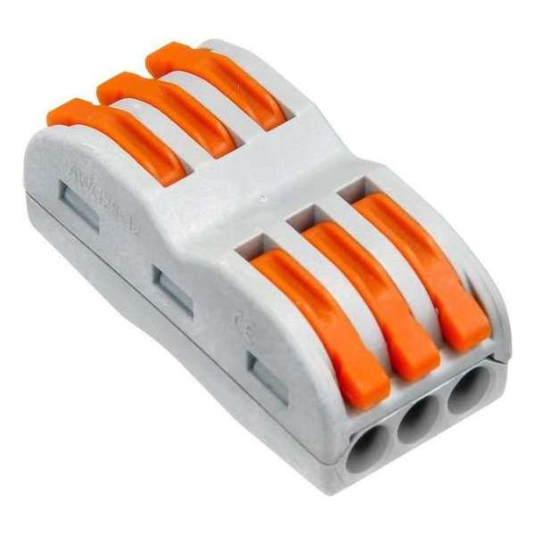 Verbindingsklem duo 3/3 polig Transparant/oranje 0,08 t/m 4mm2 kabel 32A 600V 18,5mmx29mmx12,5mm Verbindingsklem duo 3/3 polig Transparant/oranje 0,08 t/m 4mm2 kabel 32A 600V 18,5mmx29mmx12,5mm